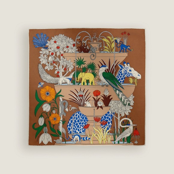 HERMES PRECIOUS PARADISE Scarf 45 Silk Women's Marron Vert Bleu - Picture 1 of 3
